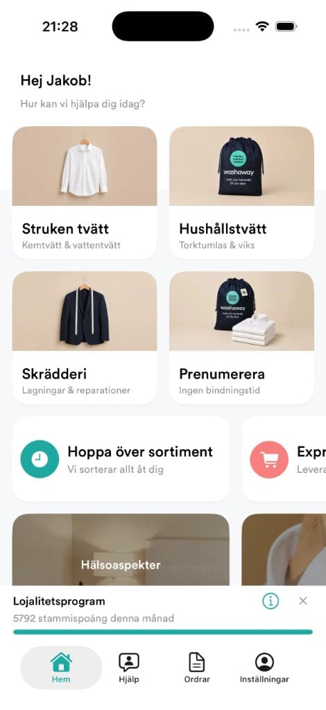 Washaway-appen: startsida med tjänster