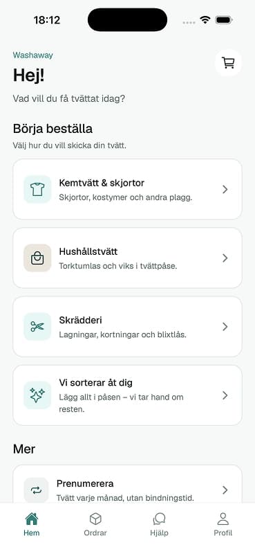 Washaway-appen: startsida med tjänster