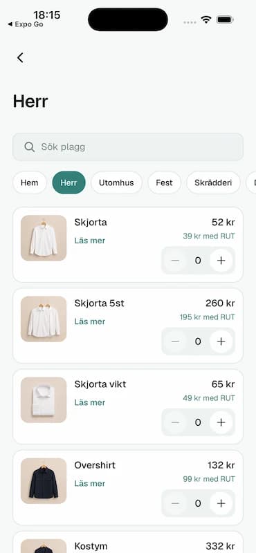 Washaway-appen: sortiment med skjortor och kemtvätt